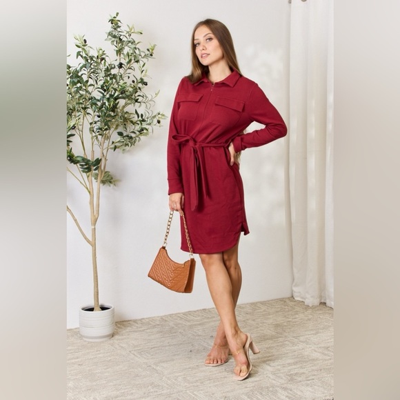 Culture Code Tie Front Half Zip Long Sleeve Shirt Dress - Picture 12 of 16
